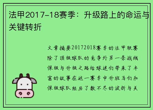 法甲2017-18赛季：升级路上的命运与关键转折