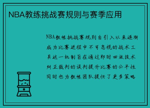 NBA教练挑战赛规则与赛季应用