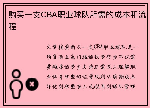 购买一支CBA职业球队所需的成本和流程